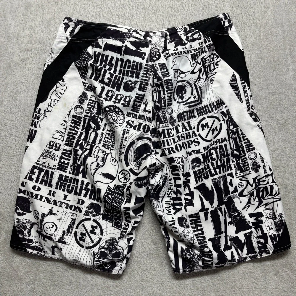 Metal Mulisha Y2K Board Shorts Mens 36 Graphic Print Black White Moto EUC